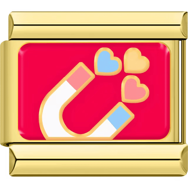 Magnet attracting three colorful hearts on a gold Italian charm link